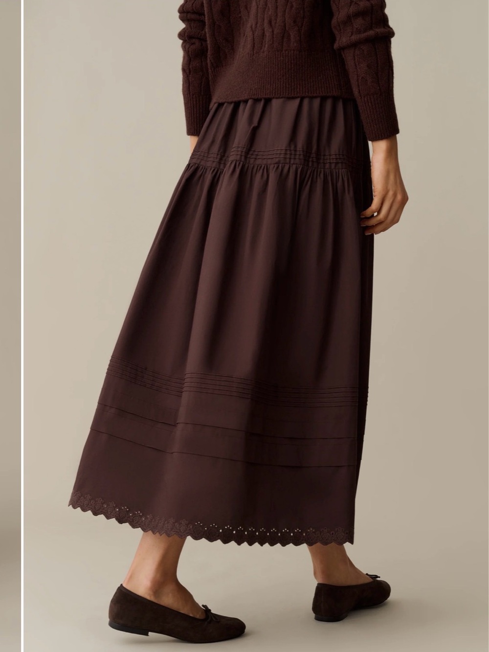 Girls' Dark Brown Tiered Cotton Skirt with Scalloped Hem
